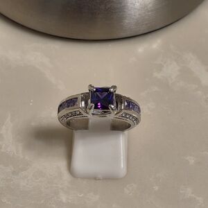 925 Silver CZ and Amethyst Princess-Cut Ring Size 8